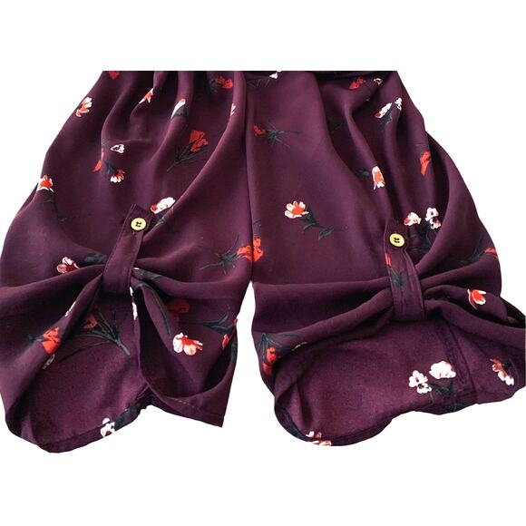 ORANGE KISS LONG SLEEVE V-NECK HALF-ZIP BLOUSE, WOMENS, 3X, BURGUNDY W/FLOWERS - Picture 8 of 12